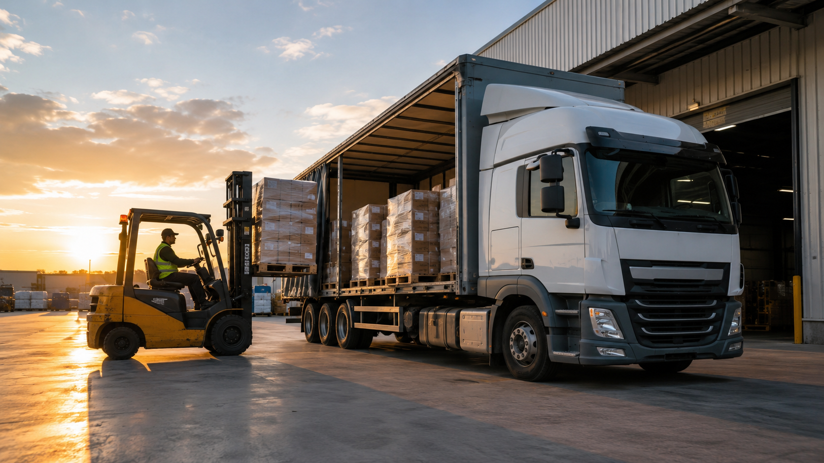 Forklift loading palletized freight into a commercial truck at a loading dock