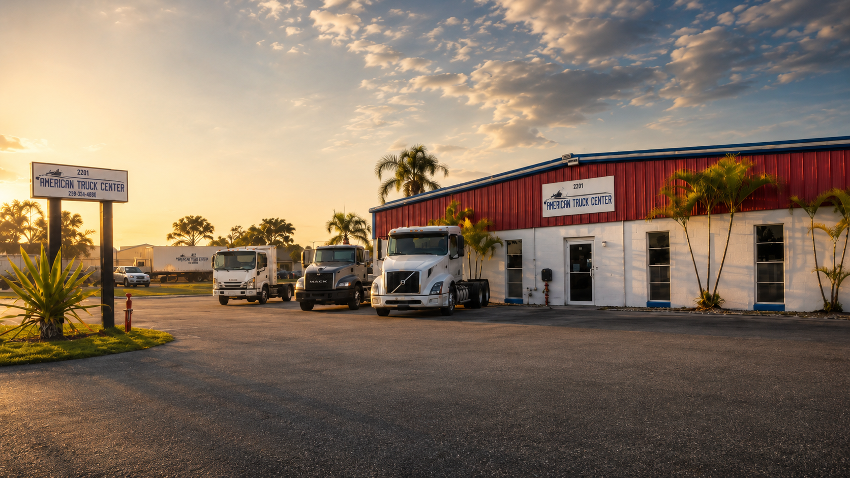 American Truck Center shop exterior with heavy-duty trucks parked outside