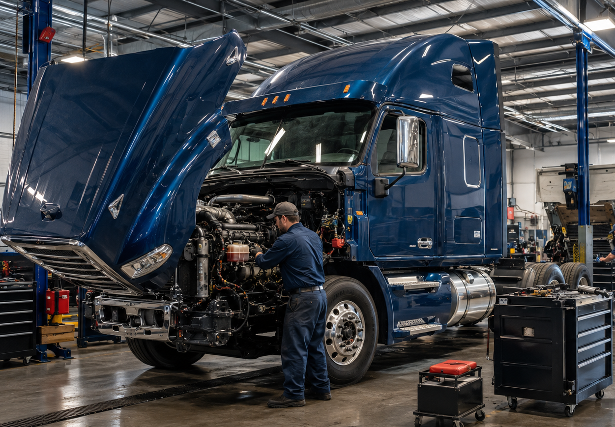 Certified mechanic working on a blue semi truck inside a repair bay